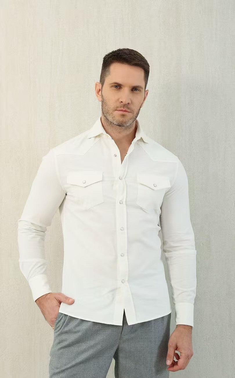 Brunello Cucinelli Men's Spring And Fall Cotton Lapel Solid Color Single-Breasted Chest Pocket Long Sleeve Fitted Shirt Ngvp #1557