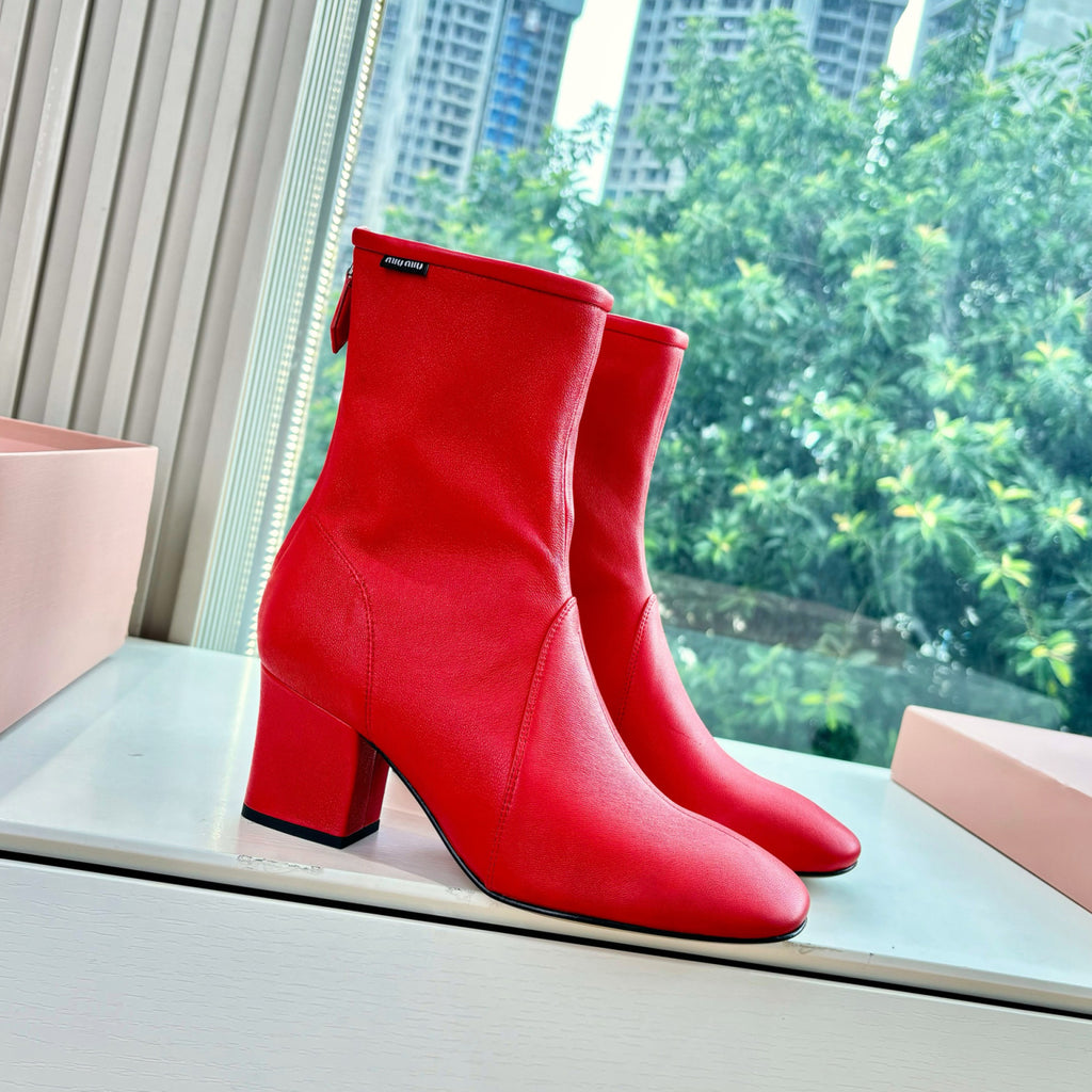 MiuMiu Nappa Women's Spring/Fall Fashion Casual Chunky Heel Leather Round Toe Slip On Zipper Ankle Boots Shoes #78717