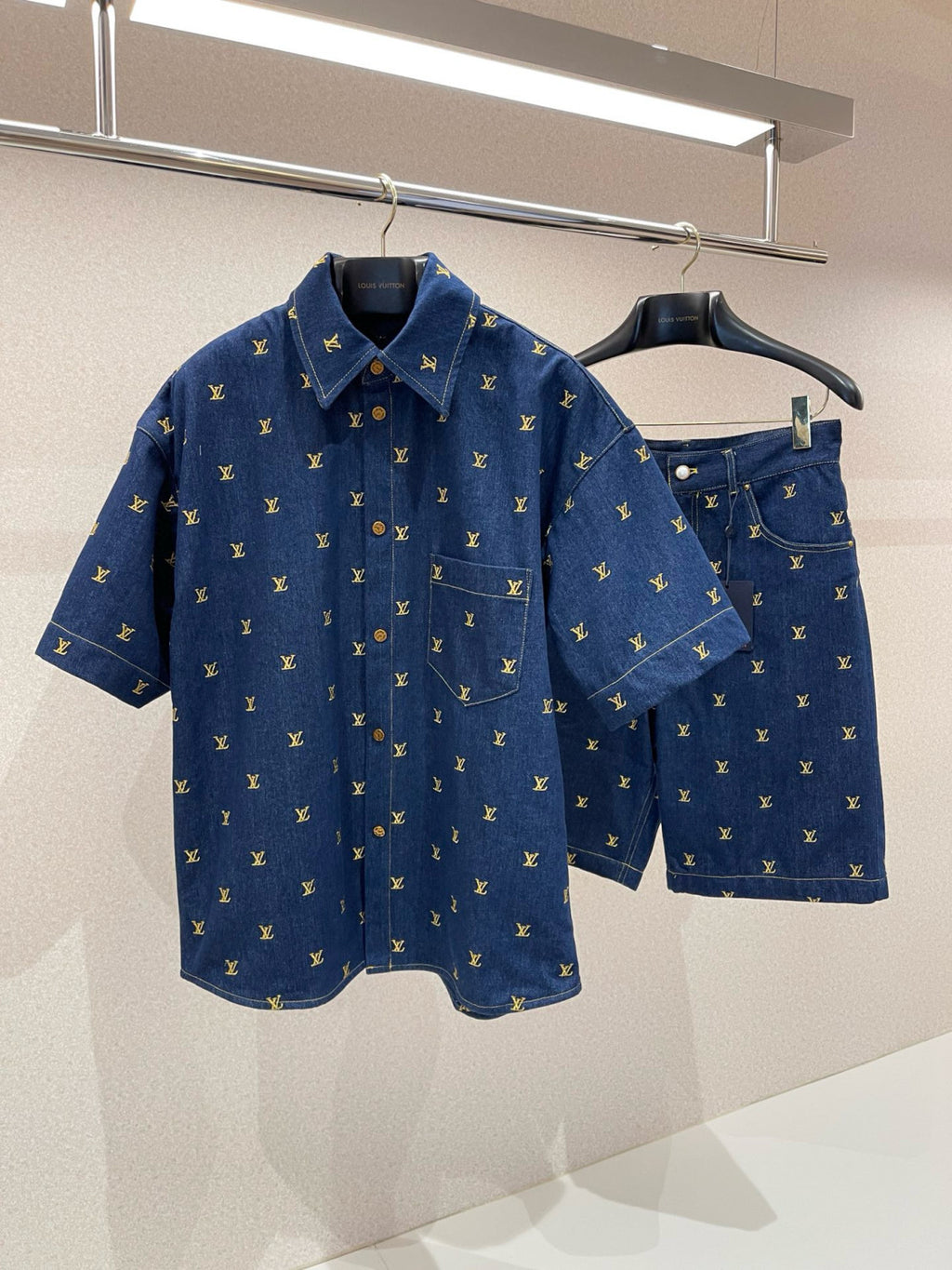 Louis Vuitton Men's Summer Logo Embroidery Blue Single Breasted Lapel Denim Short Sleeve Shirt Shorts Set Suit #98741