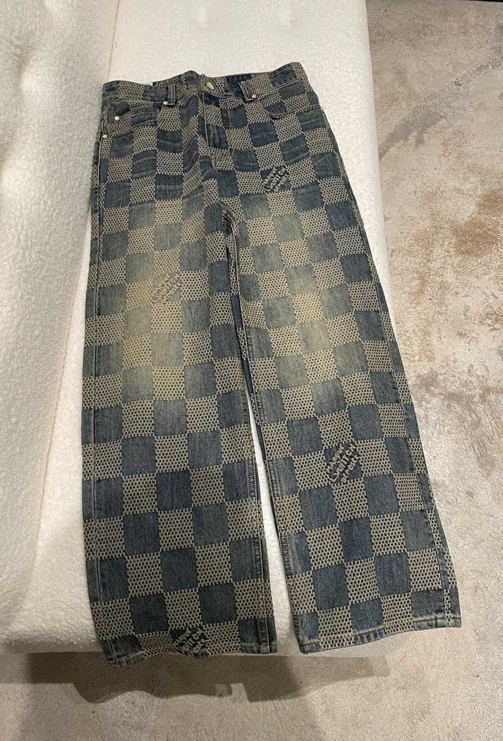 Louis Vuitton Men's Damier Washed Skateboarding Jeans Spring And Autumn Checkerboard Check Vintage Old Denim Trousers Straight Wide-leg Pants #71847