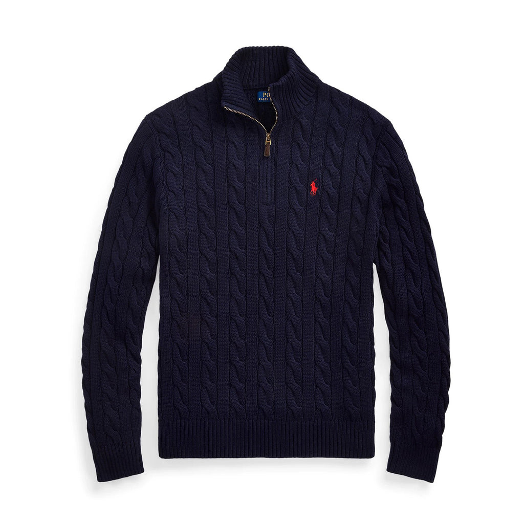 Ralph Lauren Men's Spring/Fall/Winter Half-Zip Stand Collar Logo Embroidered Solid Color Cable-Knit Long-Sleeve Sweater #81536