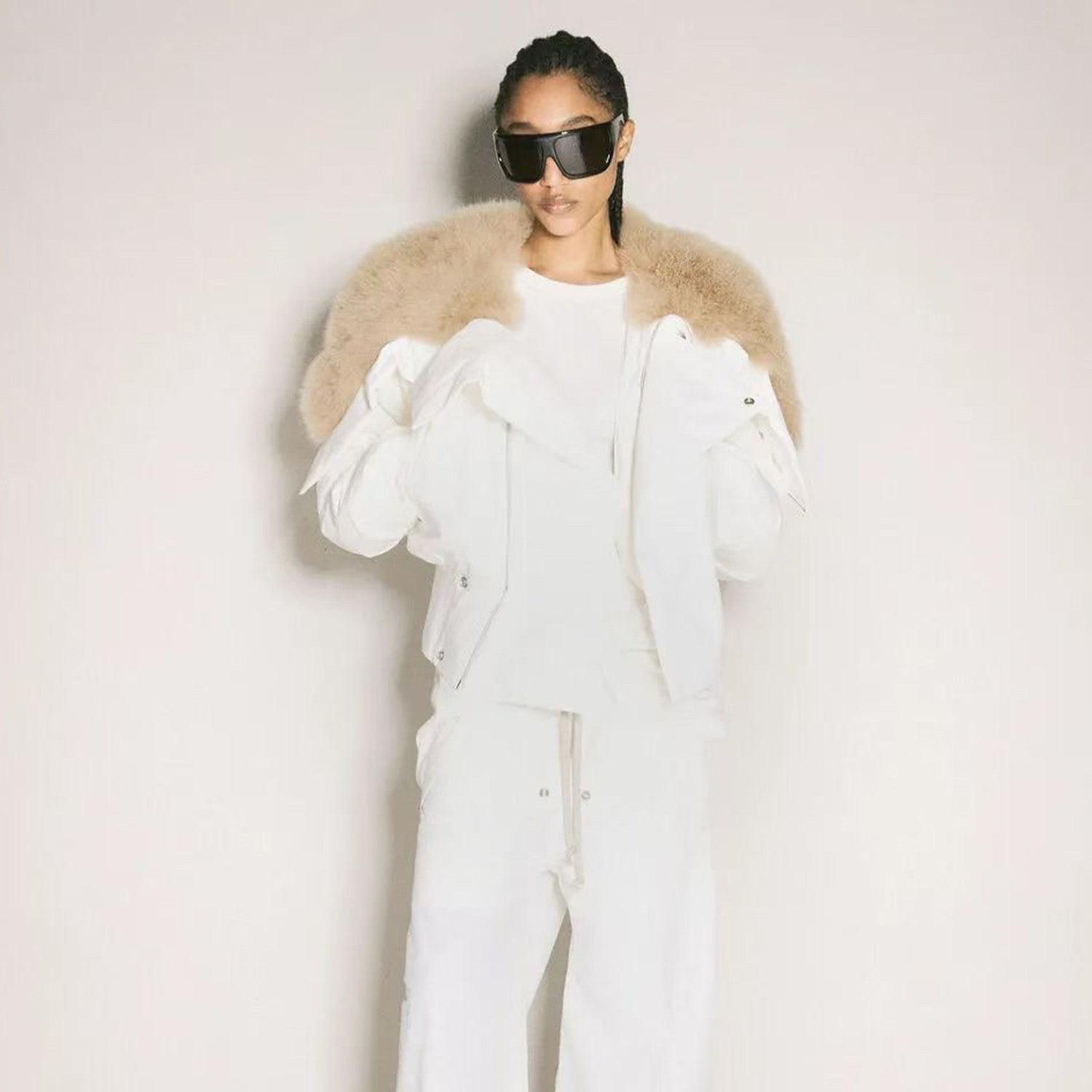 Moncler x Rick Owens Men's Women's Autumn And Winter Large Fur Collar Removable Trend High Street White Down Jacket Zip Hooded Jacket Ngvp #9794