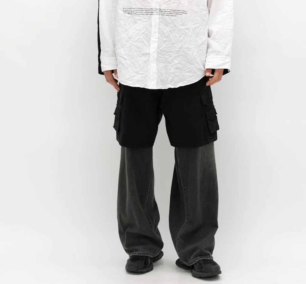 Balenciaga Men's Spring And Autumn Black Multi-Pocket Cotton Loose Work Pants Casual Spliced Denim Pants Ngvp #9165