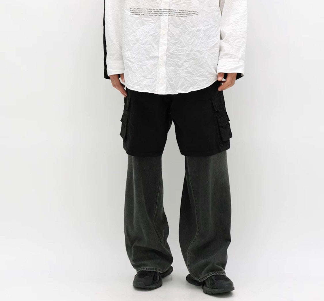 Balenciaga Men's Spring And Autumn Black Multi-Pocket Cotton Loose Work Pants Casual Spliced Denim Pants Ngvp #9165