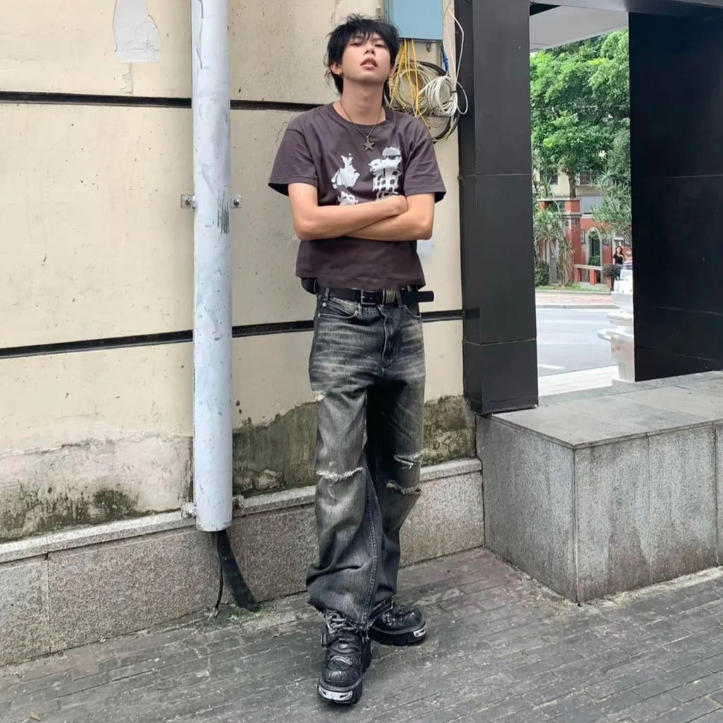 Celine Men's Spring Autumn Dark Style Knife Cut Washed Destroyed Straight Baggy Jeans Loose Denim Pants Straight Trousers  Ngvp#1563