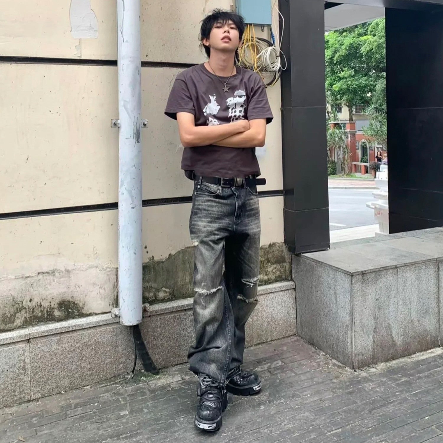 Celine Men's Spring Autumn Dark Style Knife Cut Washed Destroyed Straight Baggy Jeans Loose Denim Pants Straight Trousers  Ngvp#1563