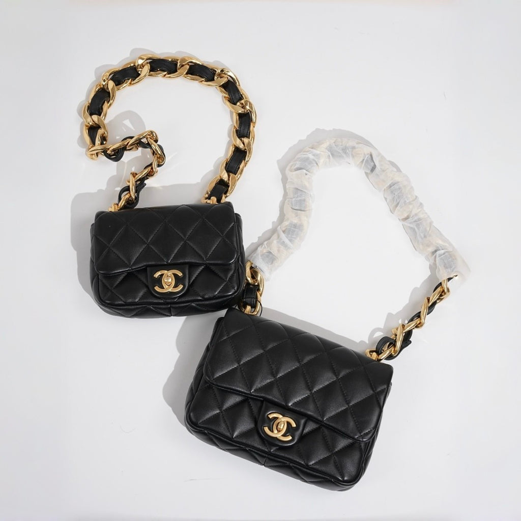 Chanel  Chunky Chain Black Gold Square Pouch Stylish And Elegant Evening Clutch Bag Crossbody Bag #195121
