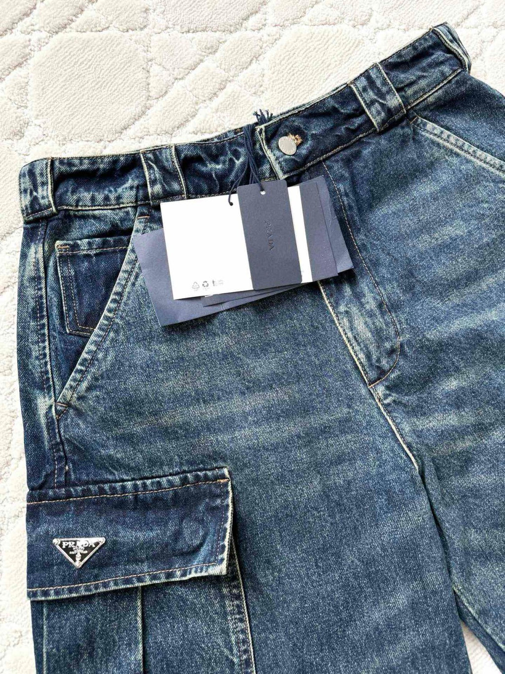Prada Men's Four Seasons Logo Old Multi-Pocket Mid-Rise Loose Work Pants Cotton Denim Trousers Pants #81198