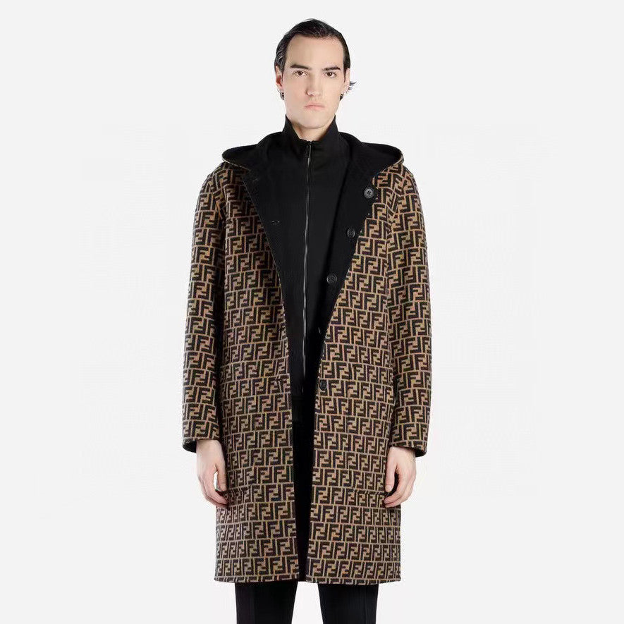 FENDI Woolen Double-Sided Hooded Full-Printed Coat Jacket  #3715