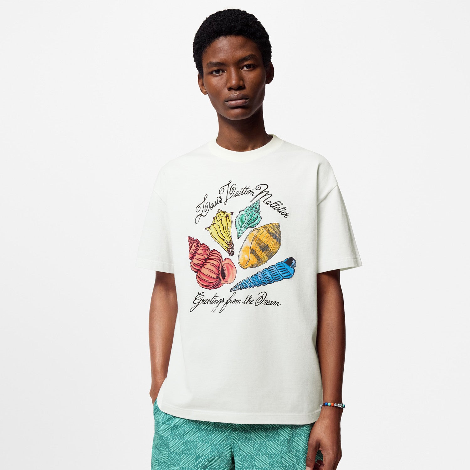 Louis Vuitton Men's Women's Summer Letter Shell Printed Cotton Short Sleeve Casual Fit White T-Shirt #71351