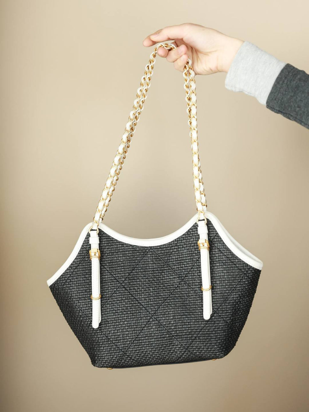 CHANEL Maxi Shopping Bag Braided Raffia Calfskin Gold-tone Metal Dark Beige Black #376633