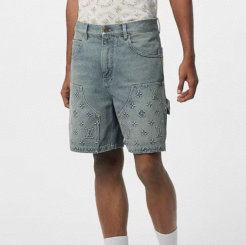 Louis Vuitton Men's Summer Fashion Casual Collared Single Button Classic Embossed Denim Short Sleeve Shirt Classic Print Zipper Mid Rise Workwear Denim Shorts Suit Set #78561
