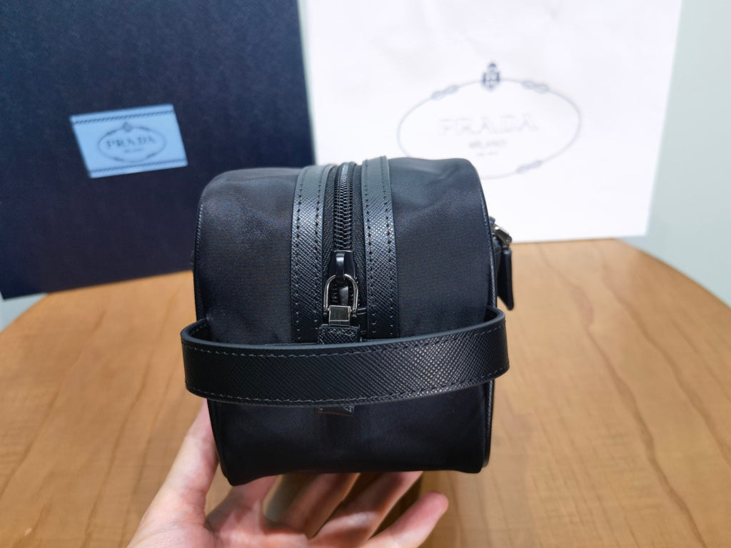 PRADA New Regenerated Nylon Enameled Triangle Logo Saffiano Leather Travel Storage Bag Toiletry Bag #332316