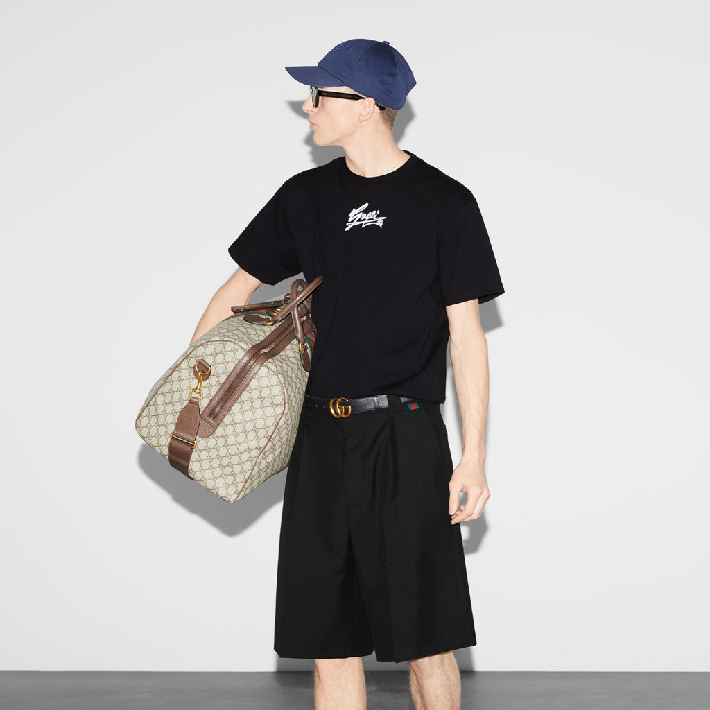 Gucci Men's Spring And Summer All Black Letters Printed Knitted Cotton T-shirt Retro Fashion Loose Short-sleeved T-shirt #71485