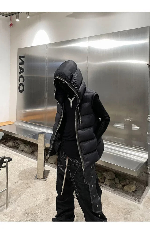Rick Owens Men's Fall/Winter Dark Style Casual Solid-Color Full-Zip Hooded Quilted Down Vest Ngvp #2521