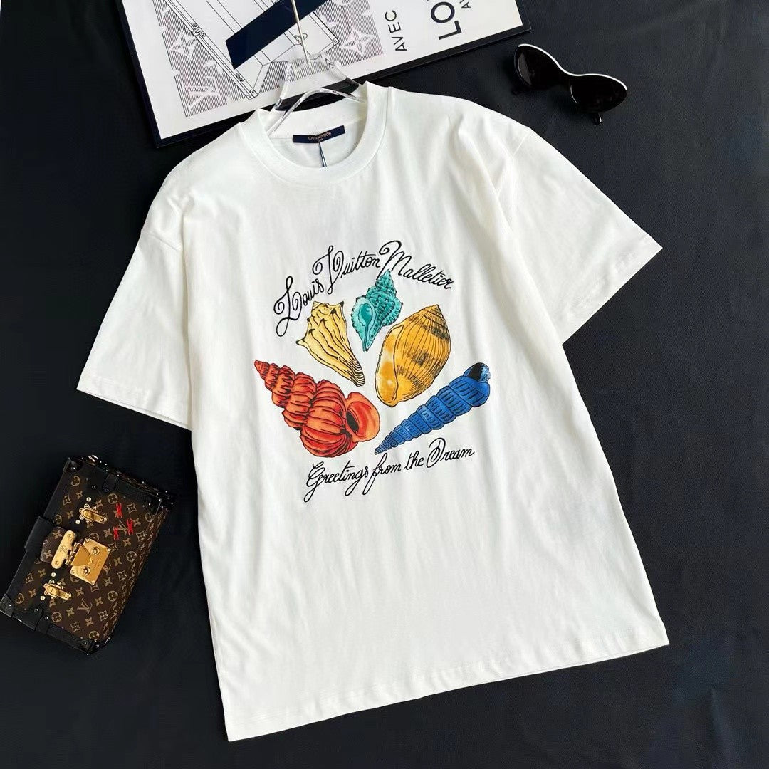 Louis Vuitton Men's Women's Summer Letter Shell Printed Cotton Short Sleeve Casual Fit White T-Shirt #71351