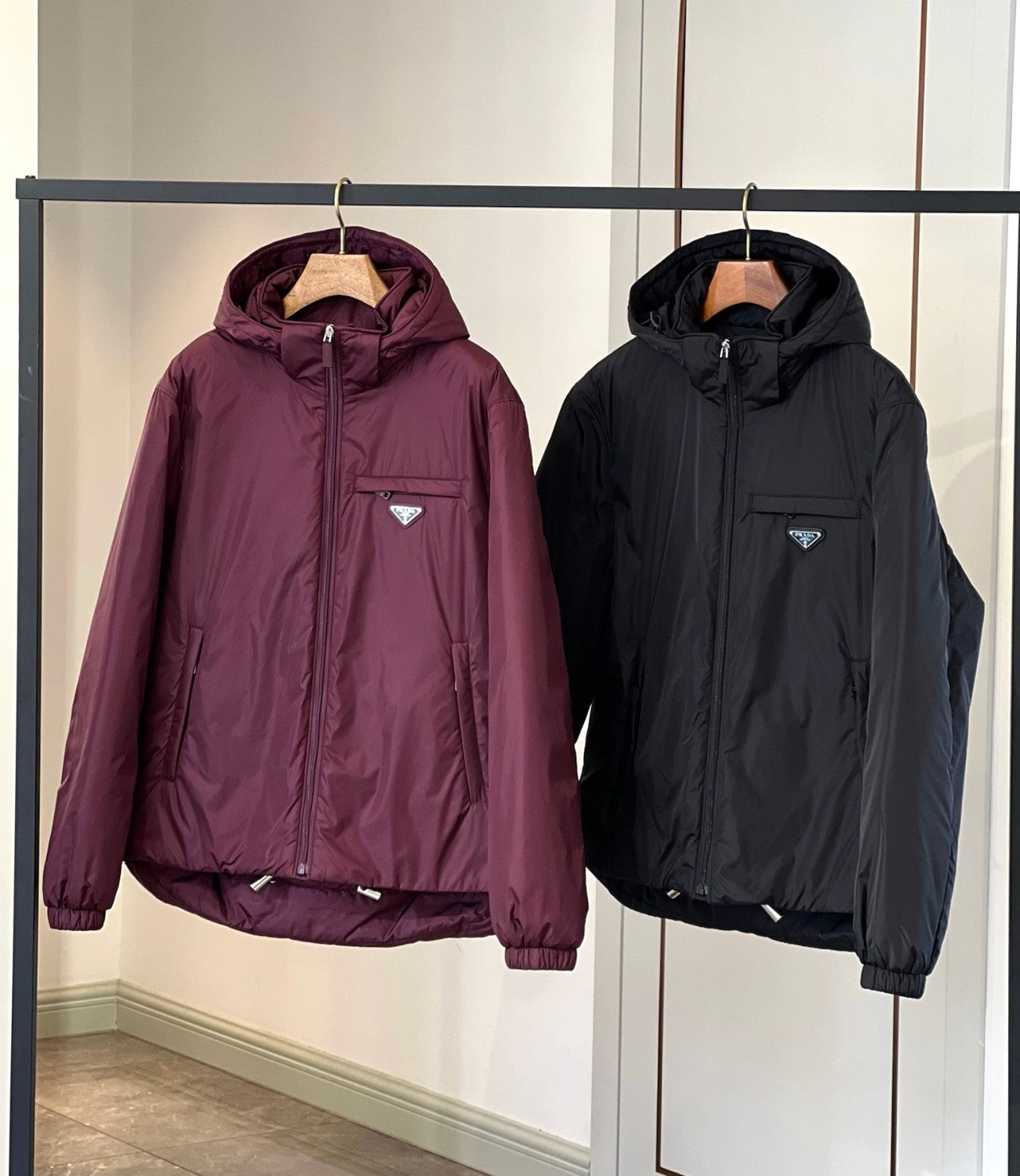Prada Men's Autumn and Winter Solid Color Single Breasted Hooded Nylon Puffer Down Long Sleeve Jacket #73912