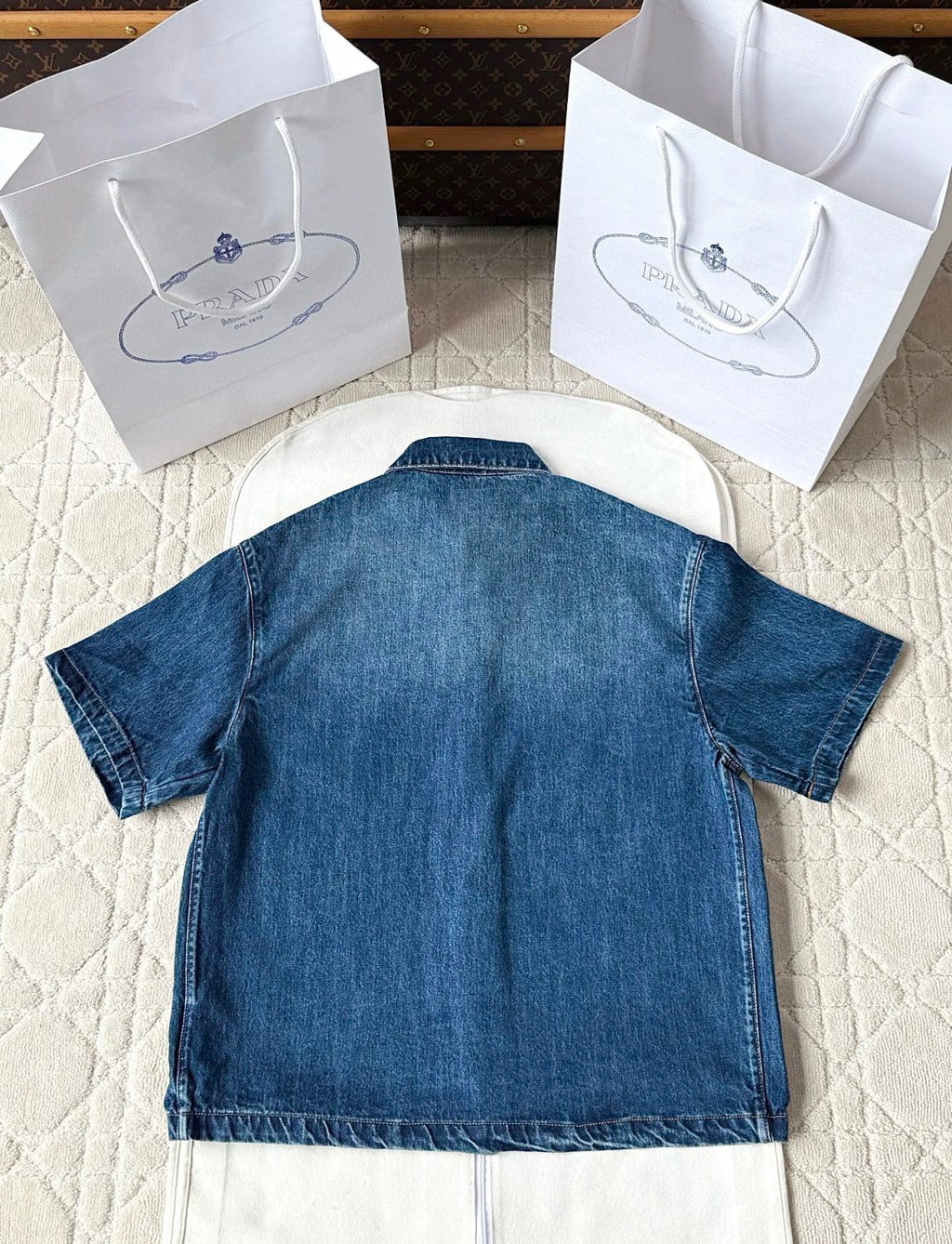 Prada Men's Spring Summer Solid Colour Metal Triangle Logo Single Breasted Short Sleeve Denim Shirt Jacket #76867