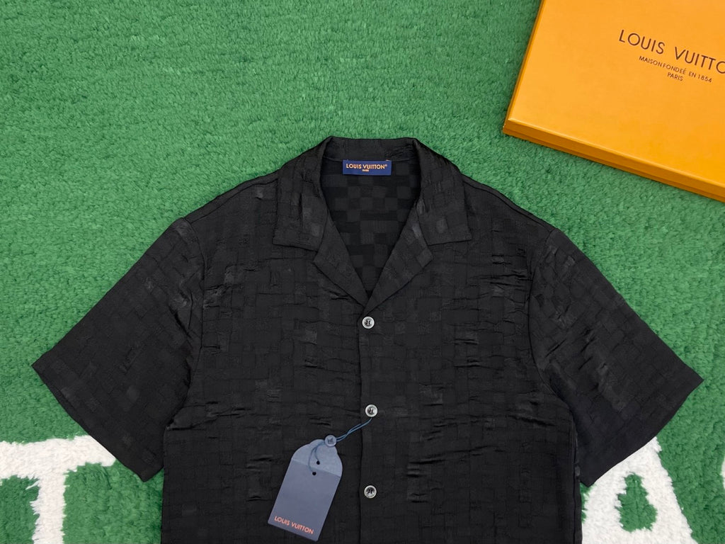 Louis Vuitton Men's Summer Solid Color Embroidery Jacquard Single Breasted Short Sleeve Shirt Elastic Waist Casual Shorts Suit Set #76281