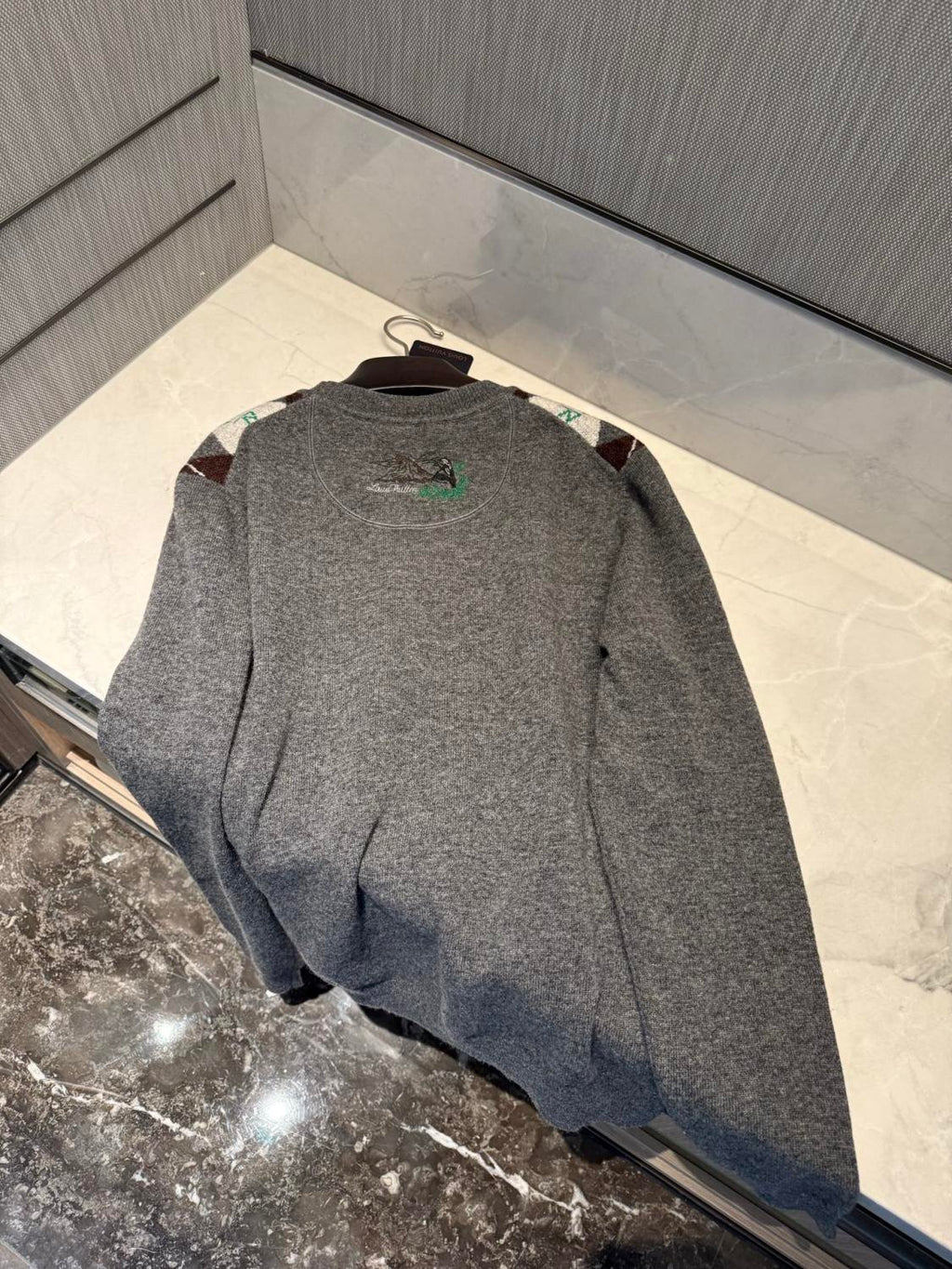 Louis Vuitton Men's Argyle Crew Neck Sweater Spring/Fall Checkered Embroidered Wool Solid Color Long Sleeve Sweater #81564