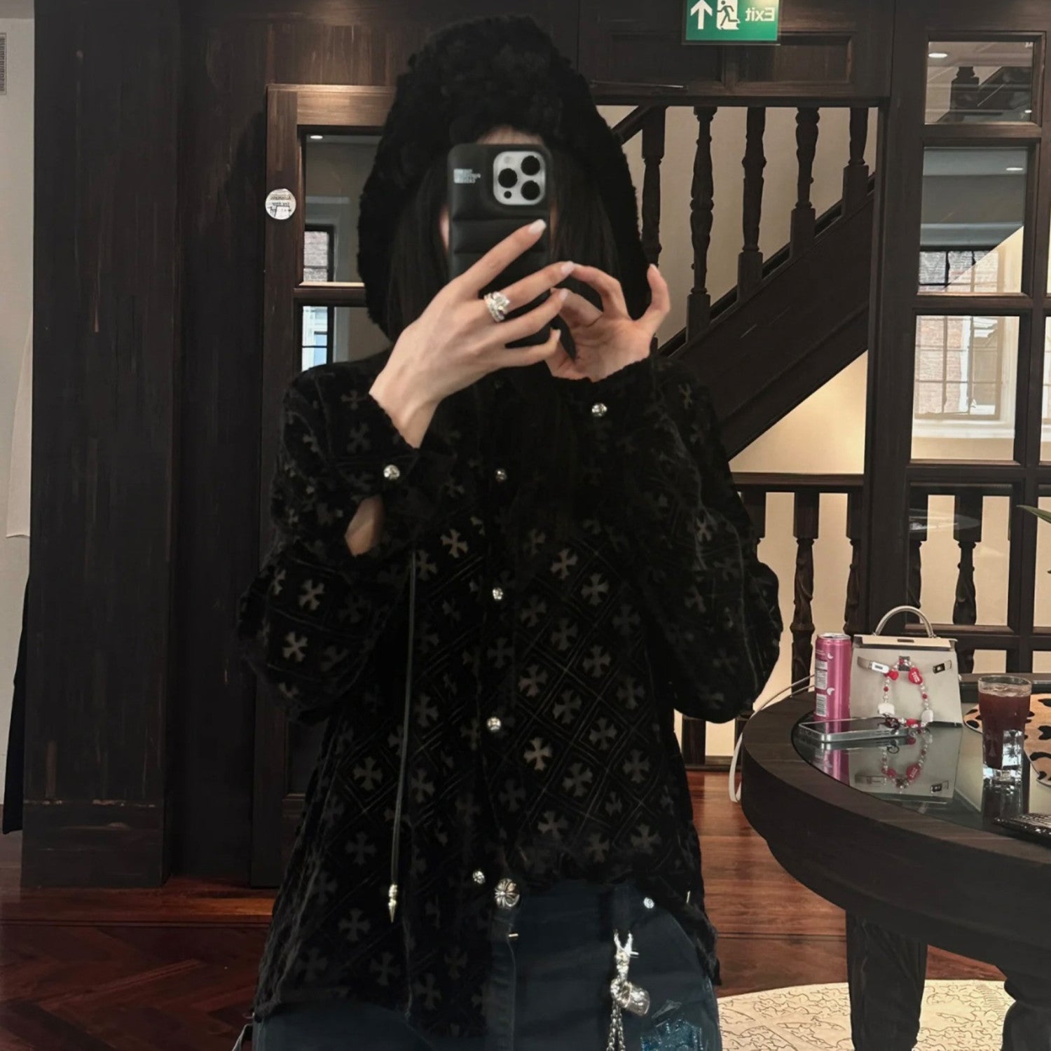 Chrome Hearts Women's Summer Fashion Hollow Cross Black Velvet Single Breasted Long Sleeved Shirt #99825