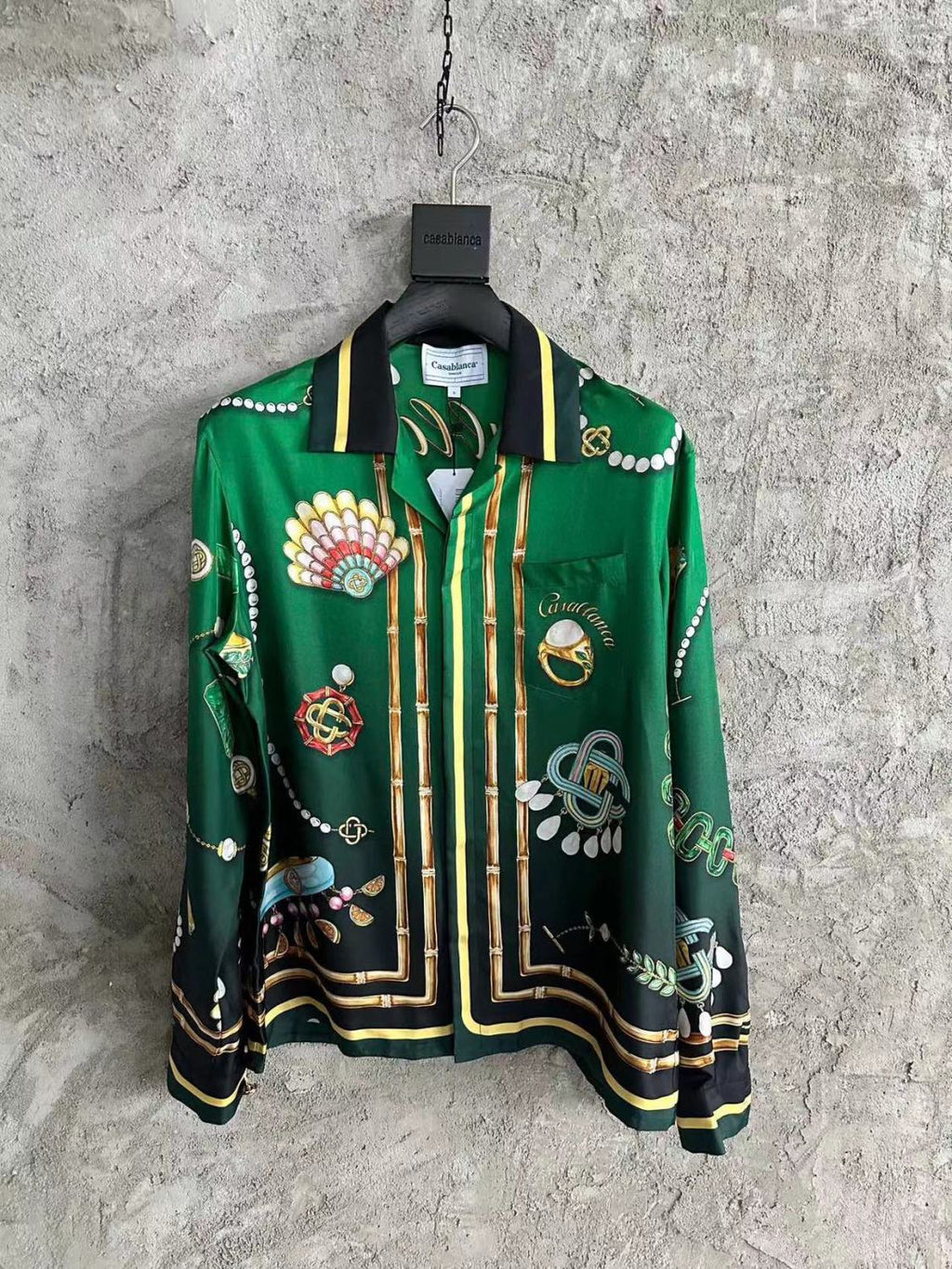 Casablanca Men's Summer Green Pattern Printed Single Breasted Long Sleeve Shirt Loose Wide Leg Casual Pants Set Suit #72295