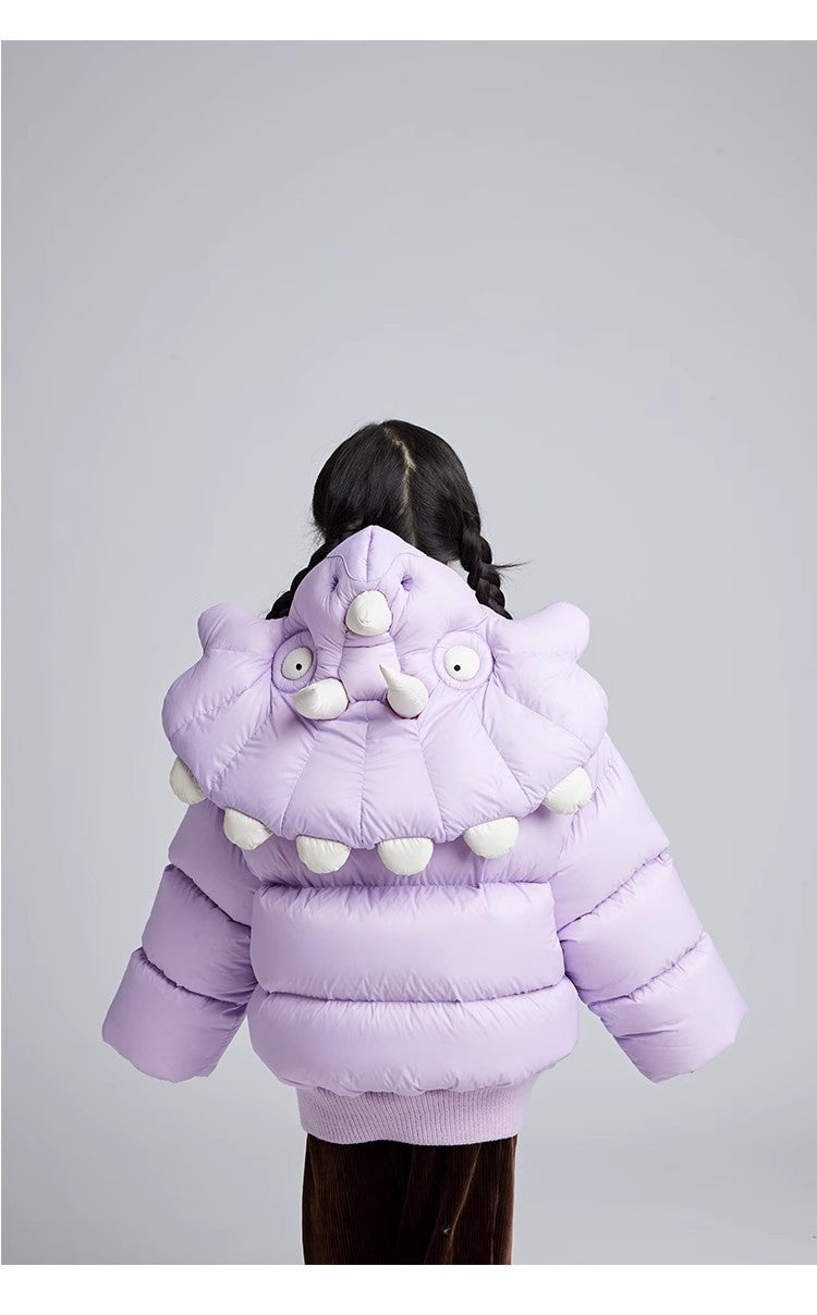 Kid's Autumn And Winter Solid Color Triceratops Jacket Thickened Short Zipper Loose Hooded Puffer Down Jacket #31322
