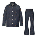 Louis Vuitton Men's Spring And Fall Dark Blue Monogrammed Embroidered Single-breasted Button Lapel Loose Casual Denim Long-sleeved Jacket Flared Jeans Pants Set Suit #73275