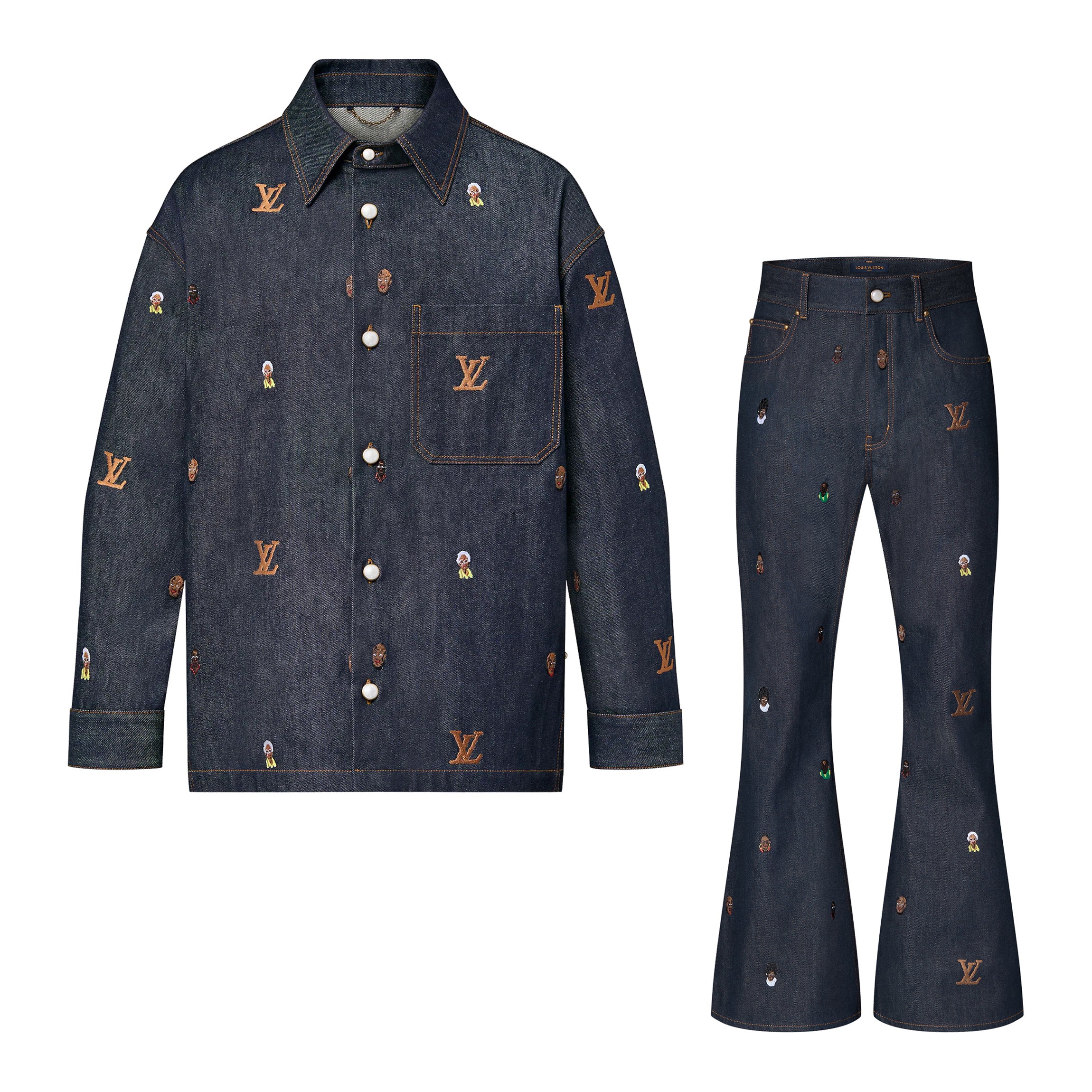 Louis Vuitton Men's Spring And Fall Dark Blue Monogrammed Embroidered Single-breasted Button Lapel Loose Casual Denim Long-sleeved Jacket Flared Jeans Pants Set Suit #73275