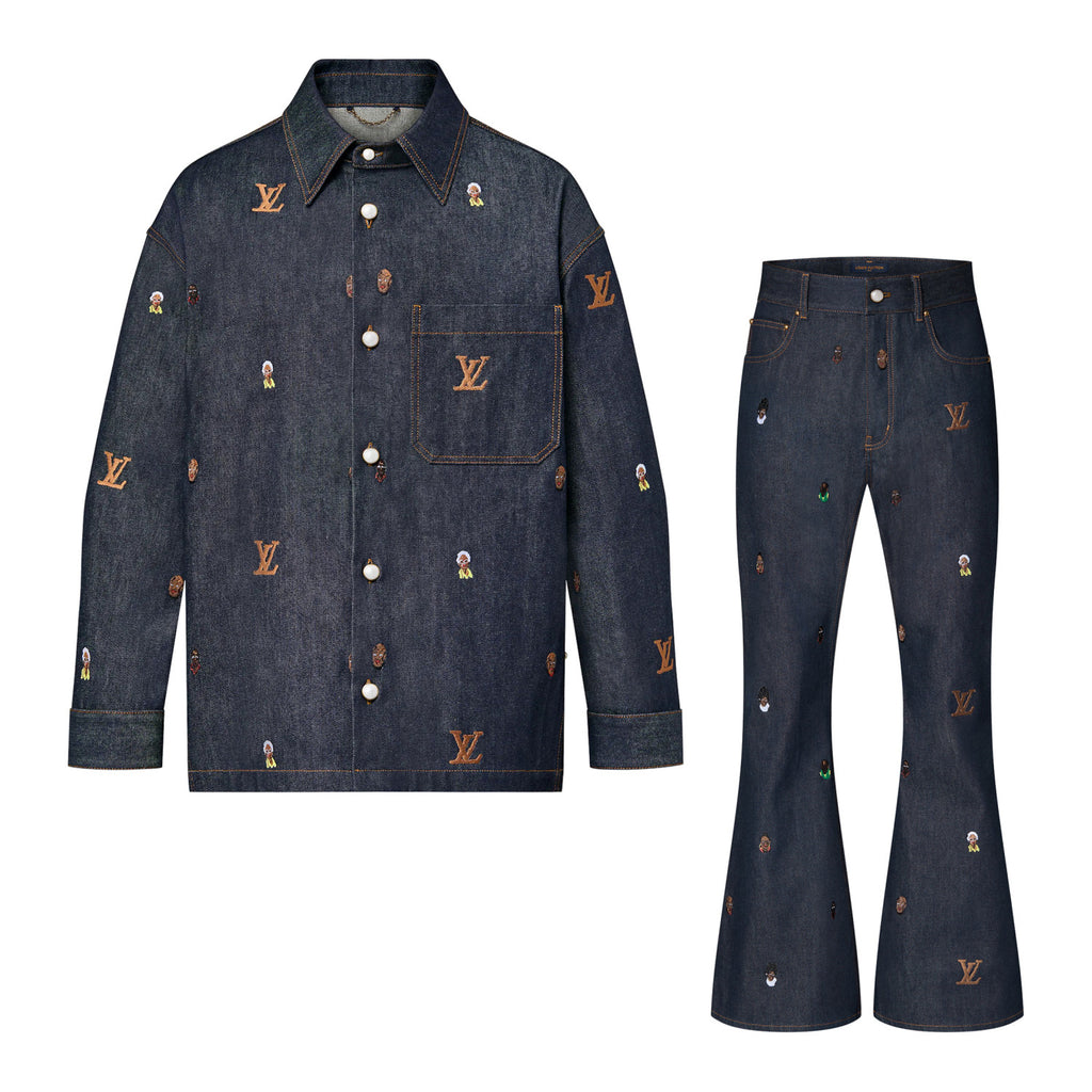 Louis Vuitton Men's Spring And Fall Dark Blue Monogrammed Embroidered Single-breasted Button Lapel Loose Casual Denim Long-sleeved Jacket Flared Jeans Pants Set Suit #73275