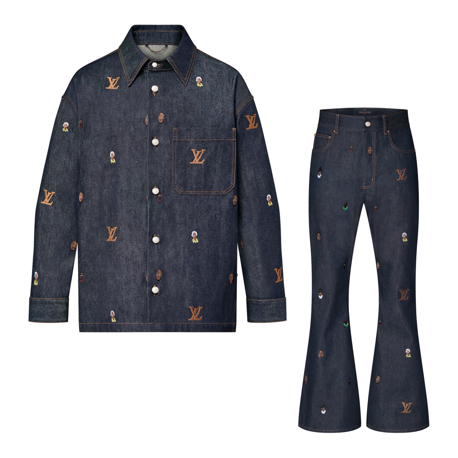 Louis Vuitton Men's Spring And Fall Dark Blue Monogrammed Embroidered Single-breasted Button Lapel Loose Casual Denim Long-sleeved Jacket Flared Jeans Pants Set Suit #73275
