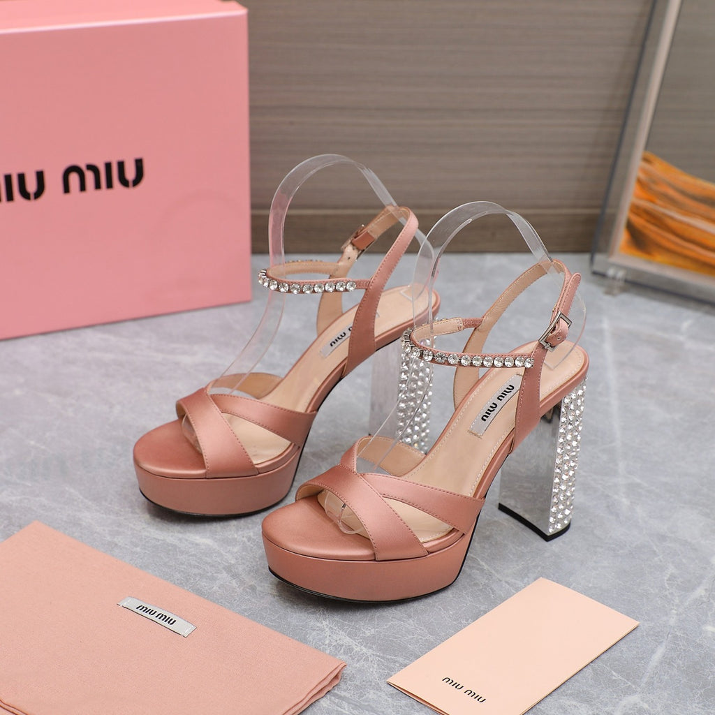 MiuMiu Women's Summer Solid Colour Sheepskin Diamonds High Heeled Sandals Shoes #76786