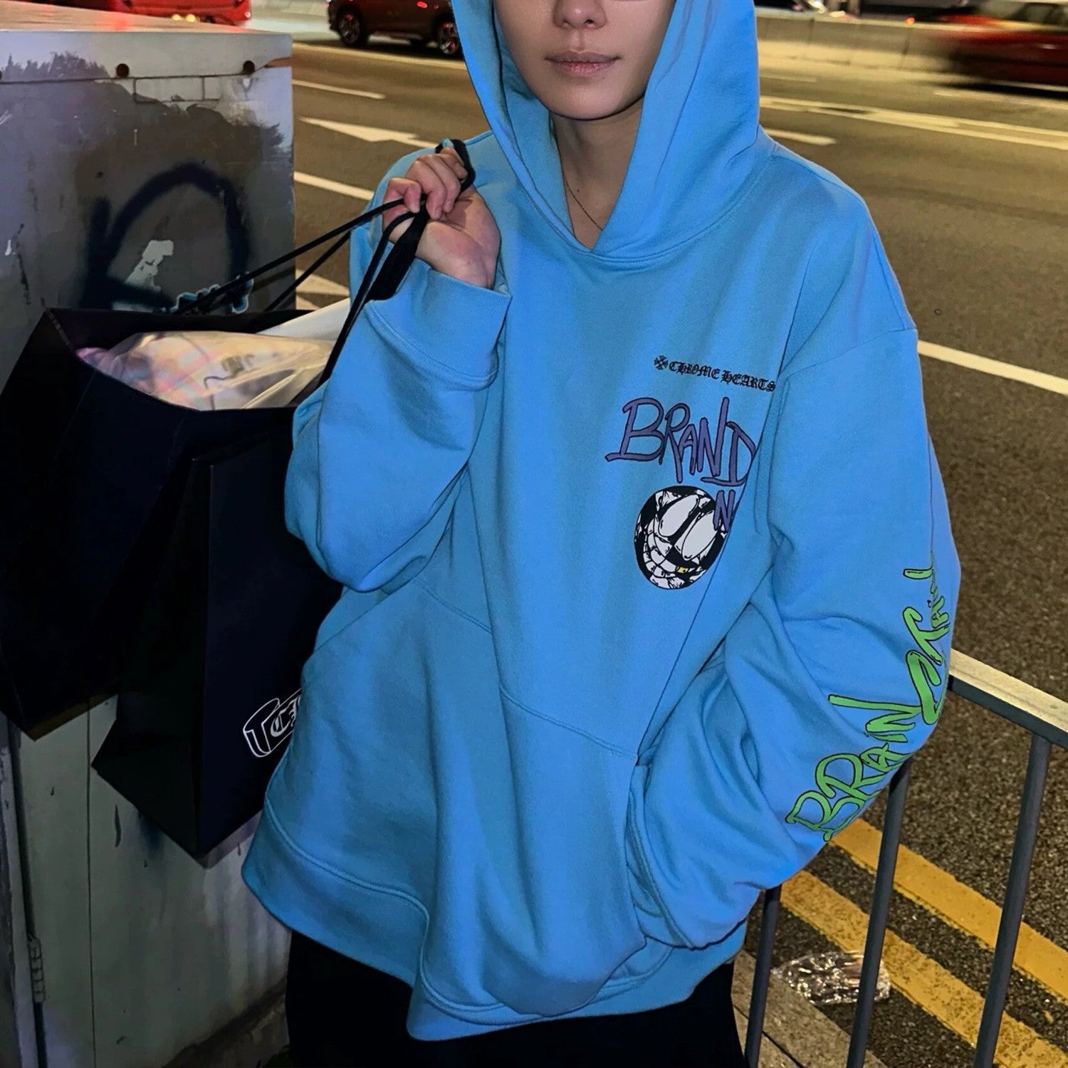 Chrome Hearts  Men's Women's Spring And Summer Fashion Letter Graffiti Blue Casual Loose Hooded Sweatshirt #98725