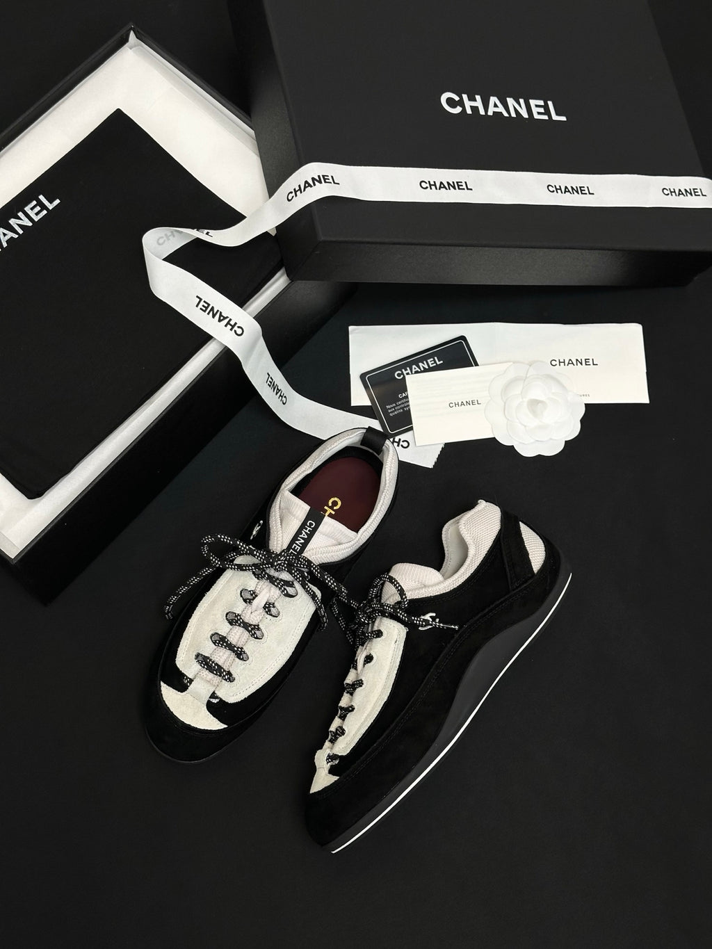 CHANEL Sneakers Velvet Calfskin Mixed Fibers Black White #386496