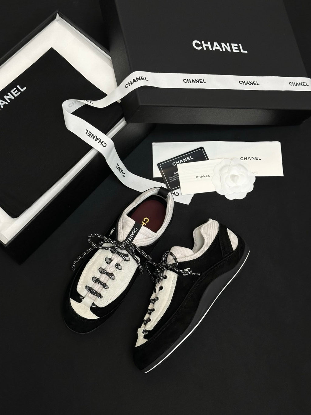 CHANEL Sneakers Velvet Calfskin Mixed Fibers Black White #386496