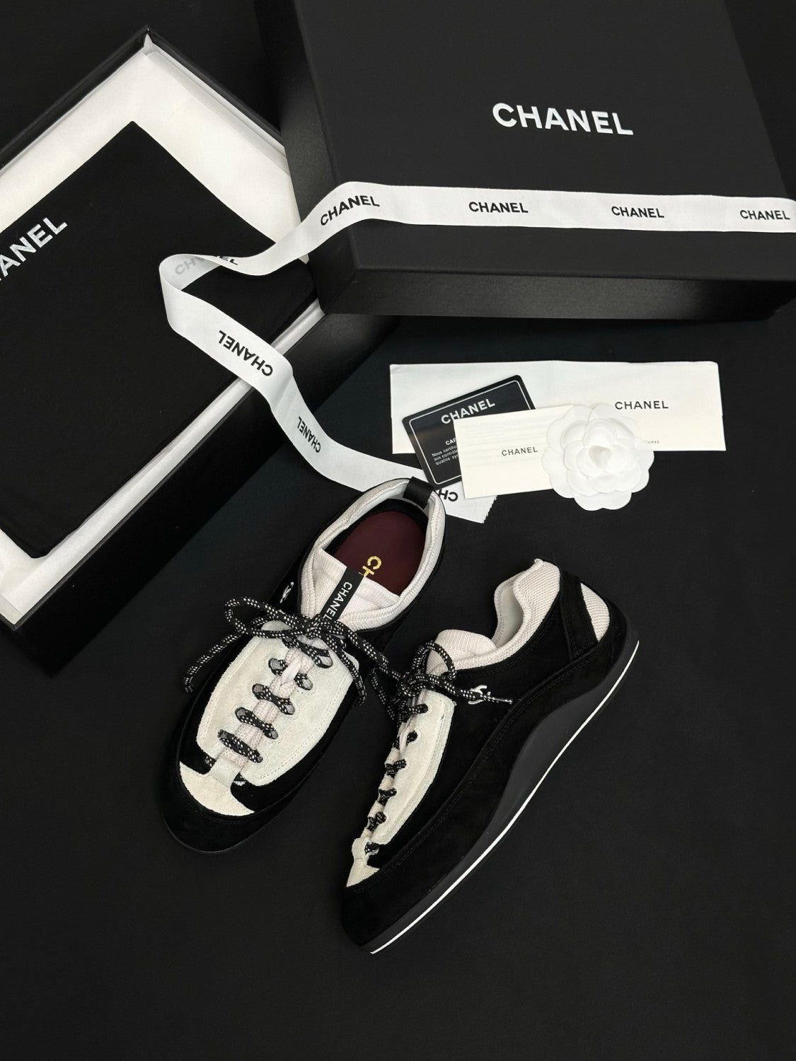 CHANEL Sneakers Velvet Calfskin Mixed Fibers Black White #386496