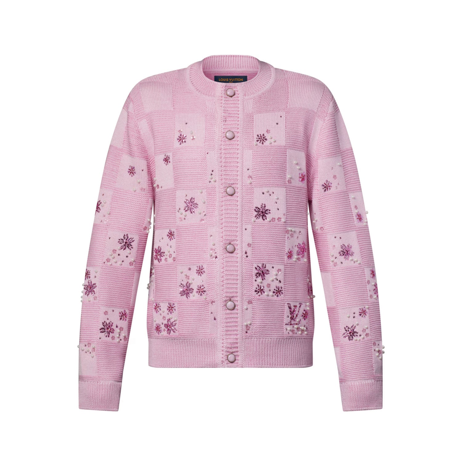 Louis Vuitton DAMIER Men's And Women's Spring/fall Fashion Casual Crew Neck Single-button Checkered Pattern Sweater With Delicate Floral Embroidery Details Knit Cardigan #79247