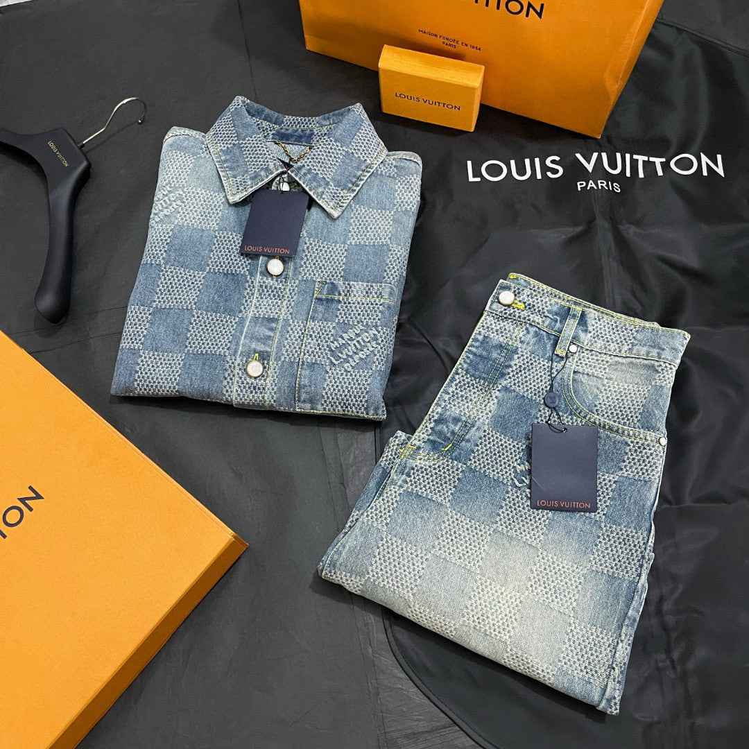 Louis Vuitton Men's Summer Blue Logo Printed Lapel Single Breasted Denim Short Sleeve Shirt Straight Jeans Shorts Set Suit #76984