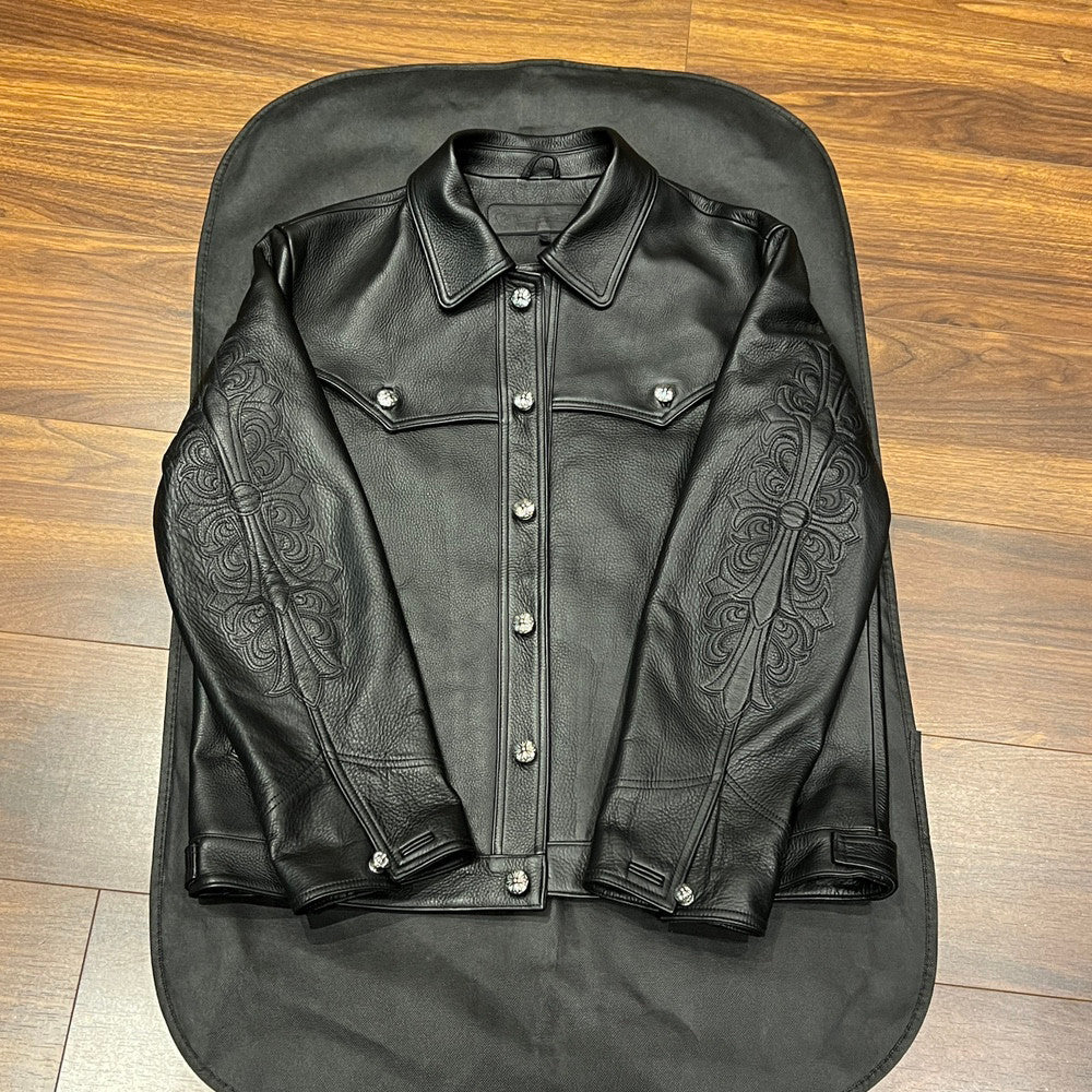 Chrome Hearts Men's Autumn and Winter Solid Color Cow Leather Single Breasted Long Sleeve Jacket #73972