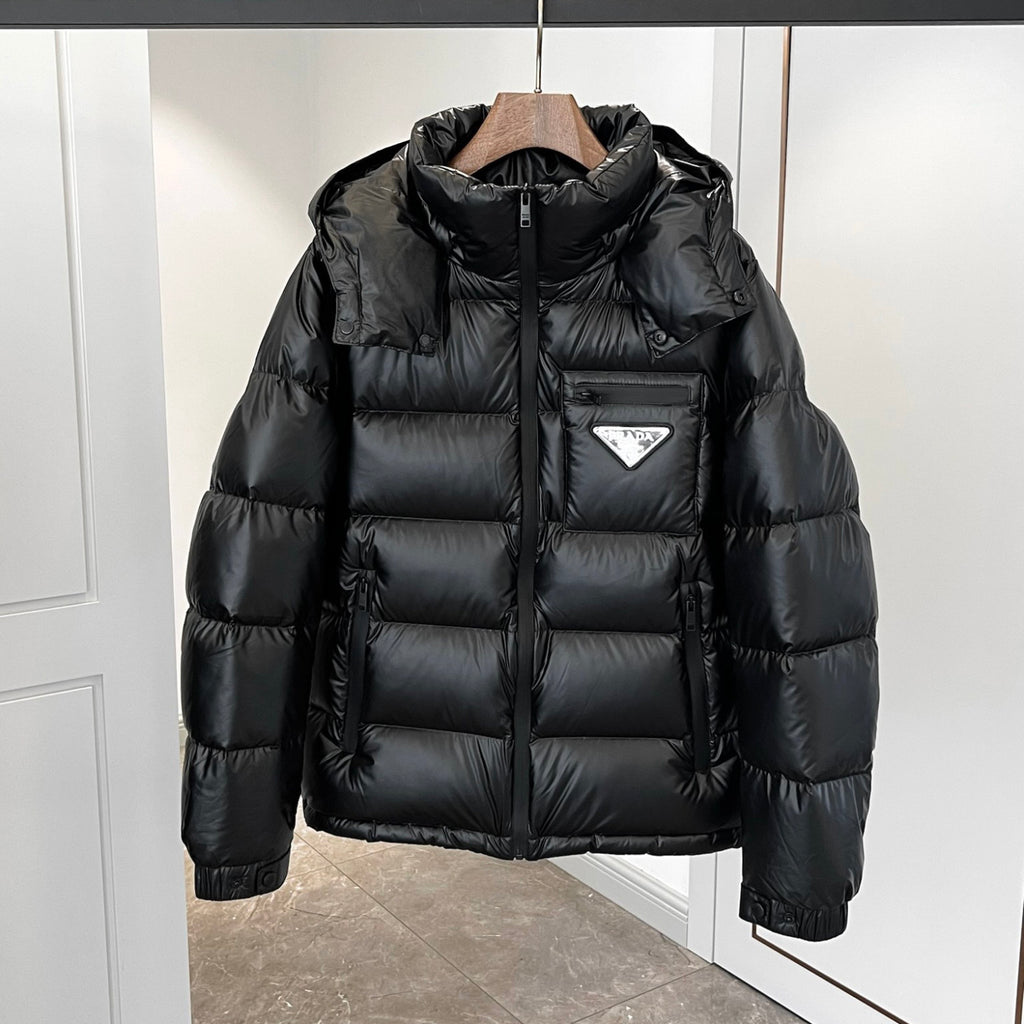 Prada Men's Autumn and Winter Solid Color Detachable Hood Zipper Long Sleeve Down Jacket #74319