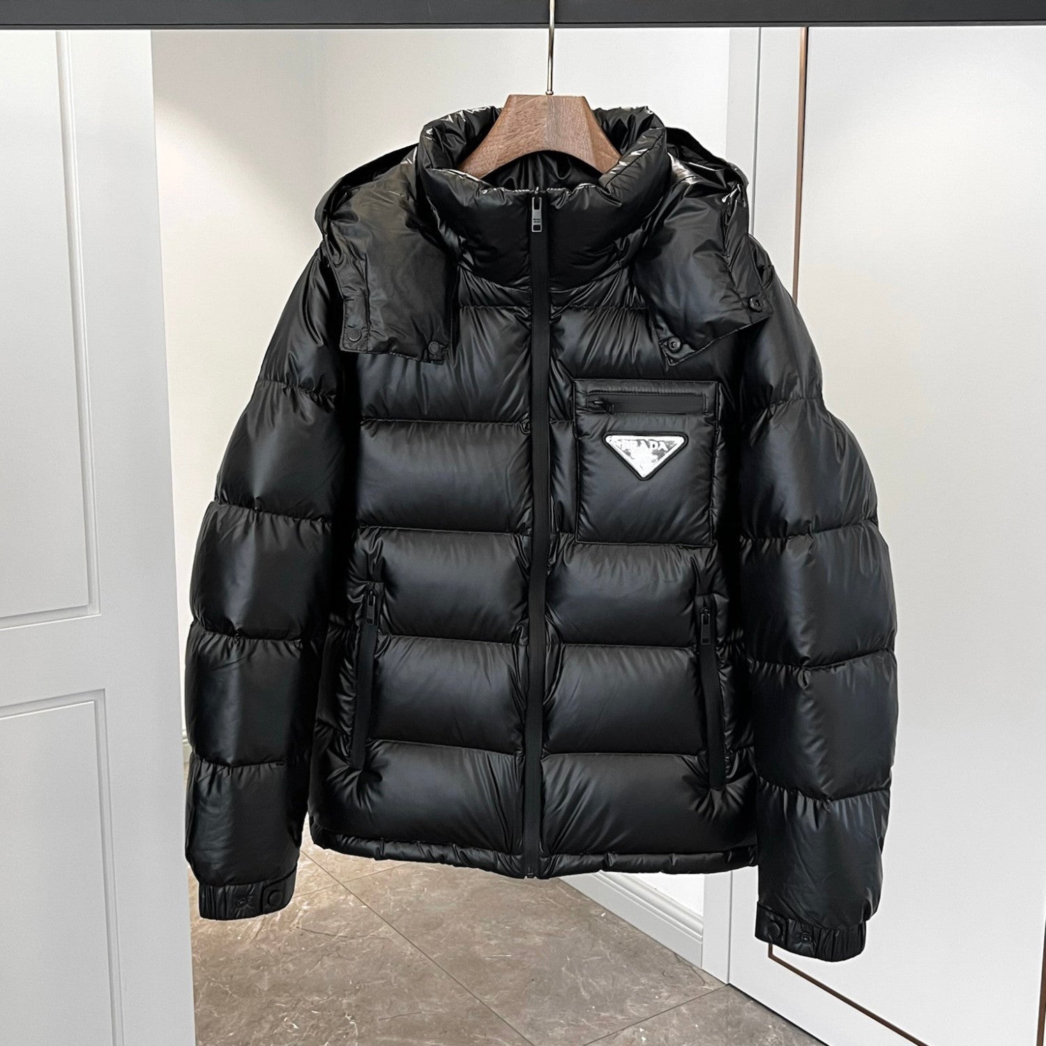 Prada Men's Autumn and Winter Solid Color Detachable Hood Zipper Long Sleeve Down Jacket #74319
