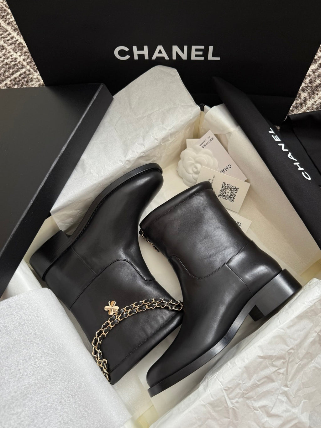 Chanel Women's Fall/winter Fashion Classic Solid Color Leather Suede Round Toe Cuffed Chunky Heel Chain Pendant Ankle Boots Shoes #79218