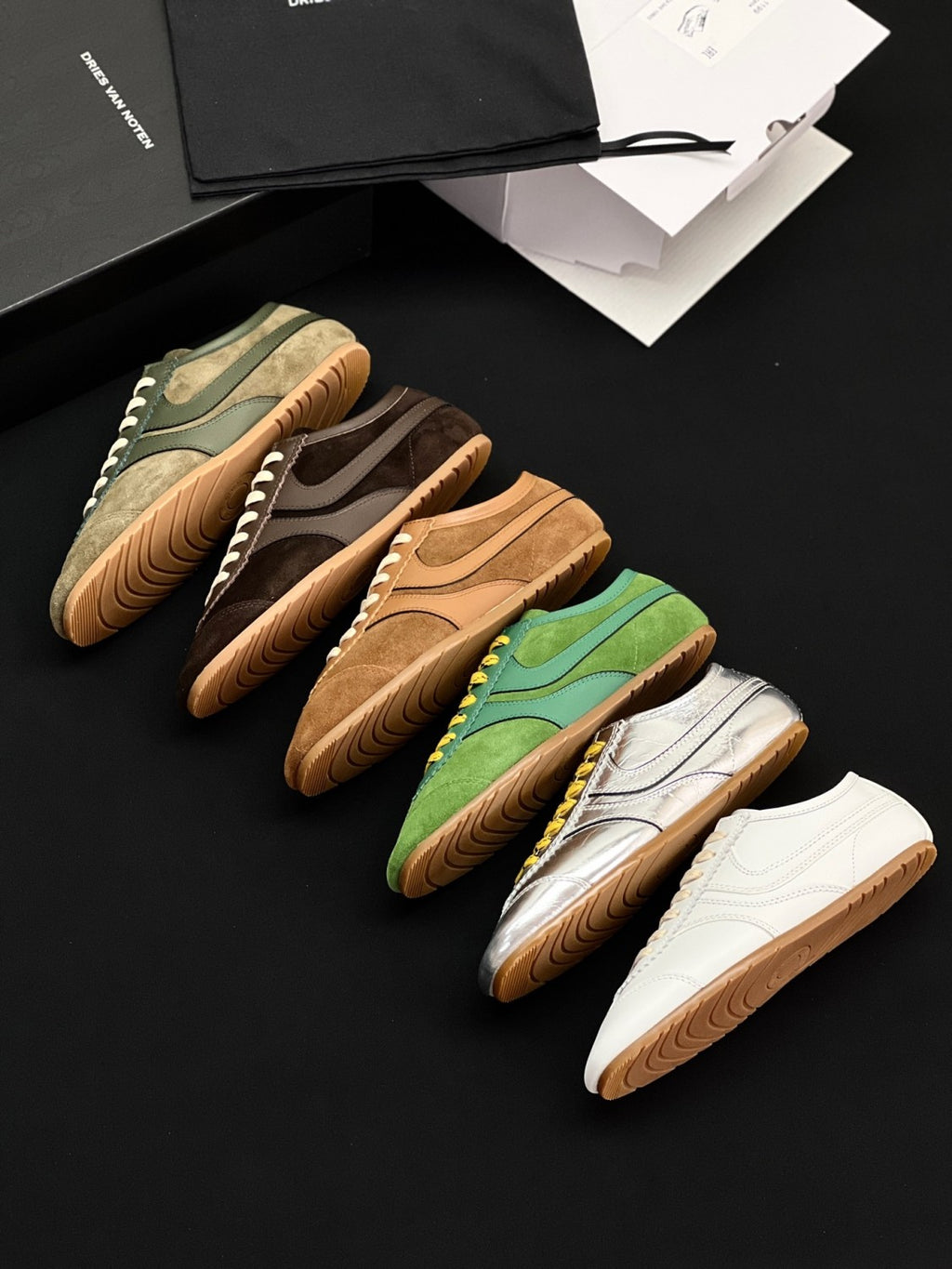 Dries Van Noten Women's Marathon Retro Training Shoes Four Seasons Solid Color Round Toe Lace-up Low-top Leather Casual Shoes #81462