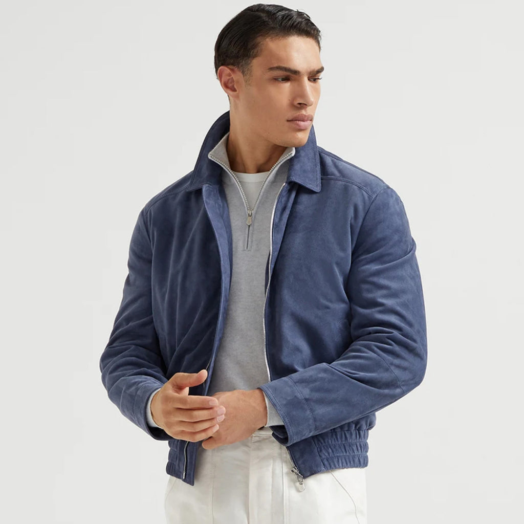 Brunello Cucinelli Men's Spring/Autumn Fashion Classic Solid Color Lapel Zipper Long Sleeve Suede Pilot Jacket #78284