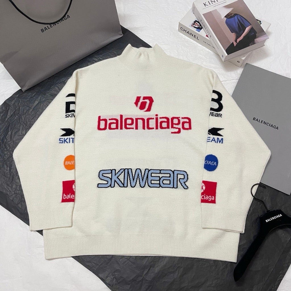 Balenciaga Men's and Women's Spring and Autumn Letter Printed High Neck Drop Shoulder Long Sleeve Sweater #74155