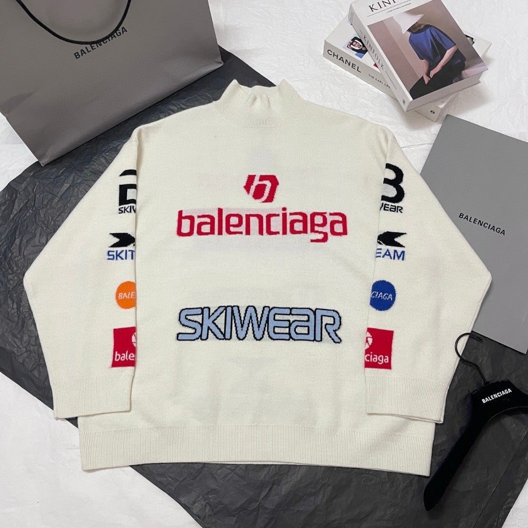 Balenciaga Men's and Women's Spring and Autumn Letter Printed High Neck Drop Shoulder Long Sleeve Sweater #74155