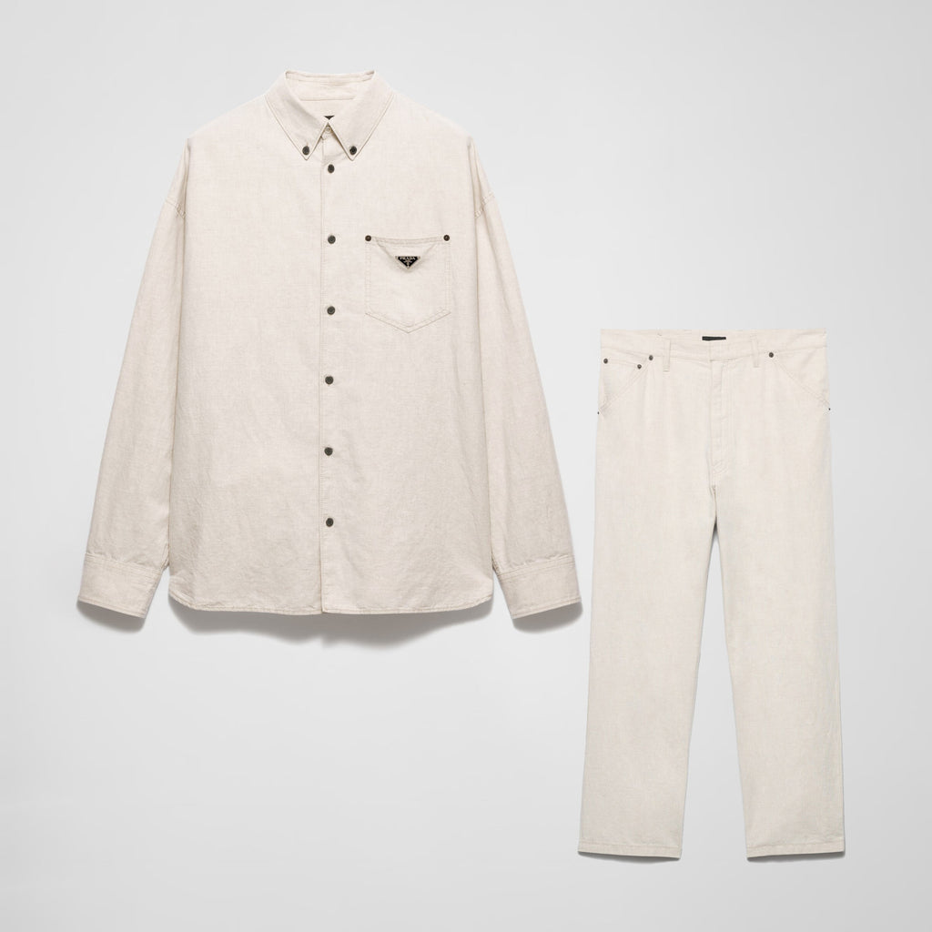 Prada Men's Fall And Winter Solid Color Lapel Single Breasted Linen Long Sleeved Jacket Casual Trousers Pants Set Suit #77392