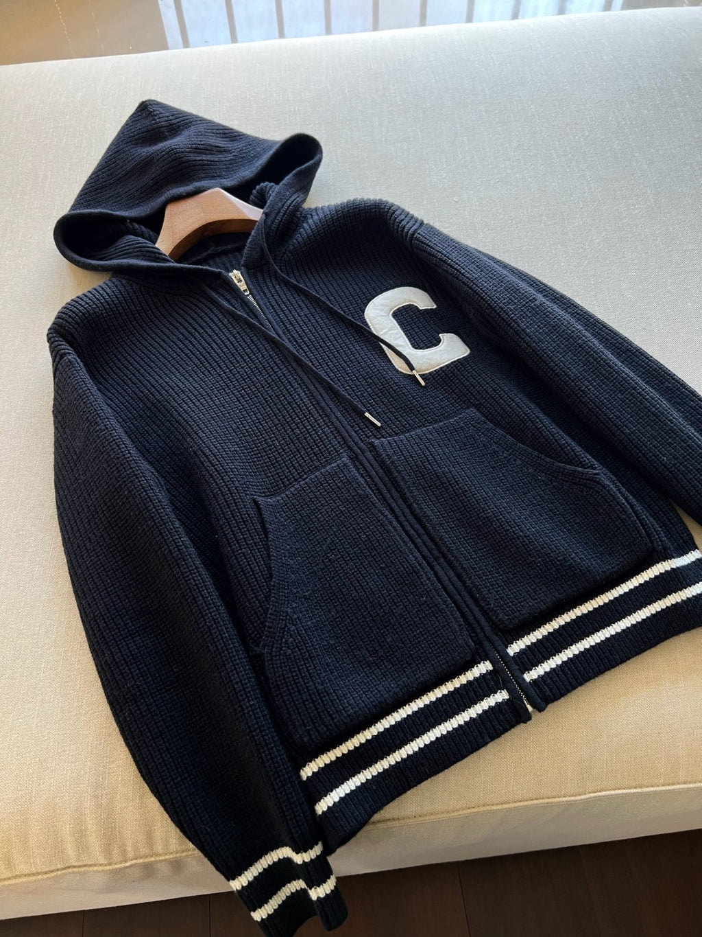 Celine Men's Spring and Autumn Solid Color Knit Hooded Drawstring Zipper Long Sleeve Jacket #75345
