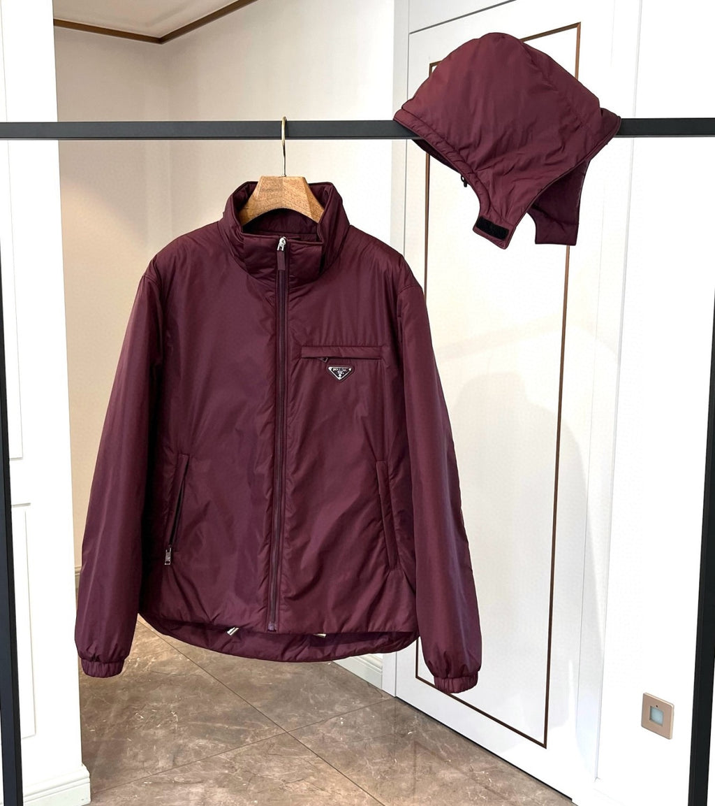 Prada Men's Autumn and Winter Solid Color Single Breasted Hooded Nylon Puffer Down Long Sleeve Jacket #73912