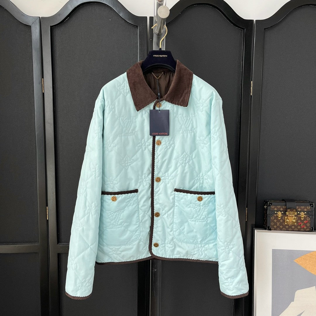 Louis Vuitton Men's Fall And Winter Light Blue Patchwork Fitted Lapel Single Breasted Long Sleeved Jacket #73167